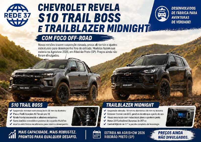 Chevrolet aposta pesado no off-road e revela as inéditas S10 Trail Boss e Trailblazer Midnight na Agrishow 2026