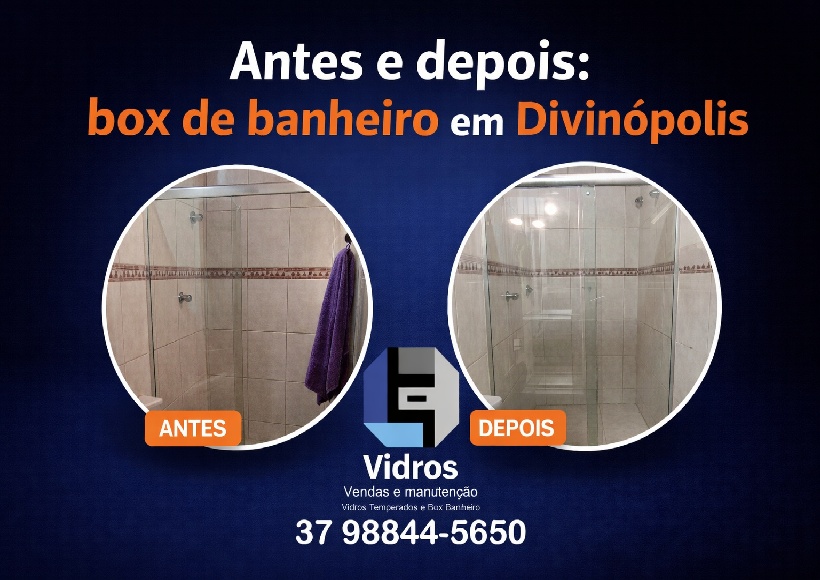 Antes e depois de box para banheiro em Divinópolis instalado pela LF Vidros