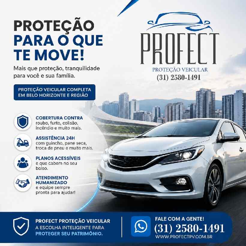 Proteção veicular em Belo Horizonte com cobertura completa para carros, assistência 24 horas e planos acessíveis pela PROFECT.