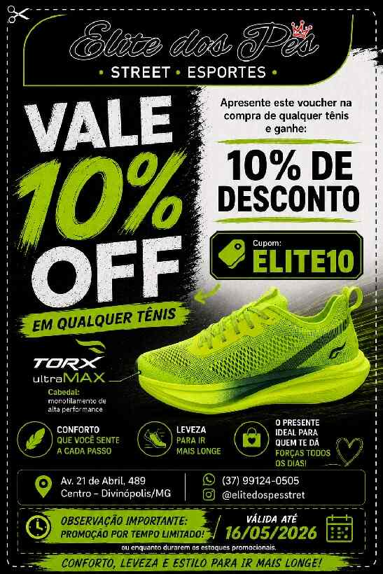 Elite dos Pés lança promoção especial com 10% de desconto na compra de qualquer tênis em Divinópolis https://rede37.com.br/wp-content/uploads/2026/05/PROMOCAO.jpg