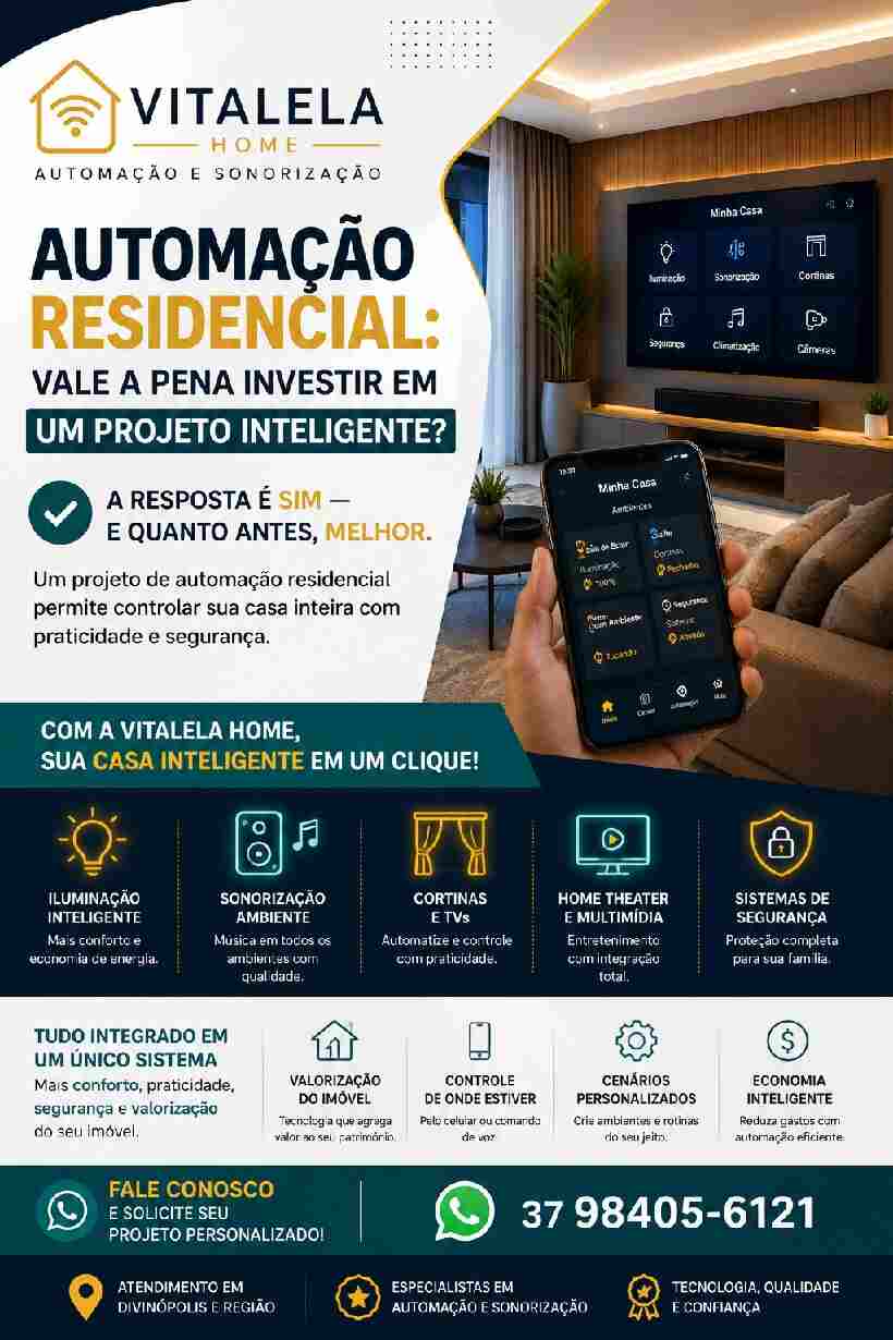 Projeto de automação residencial em Divinópolis com iluminação inteligente e sonorização pela Vitalela Home
