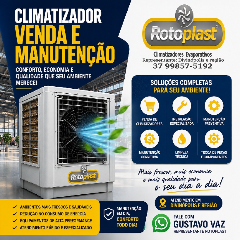 Venda e manutenção de climatizadores evaporativos em Divinópolis com atendimento especializado da Gustavo Vaz Representante Rotoplast.