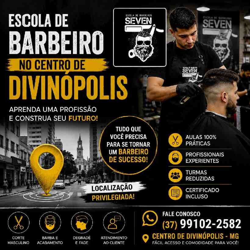 Escola de barbeiro no centro de Divinópolis com aulas práticas na Seven Escola de Barbeiros.