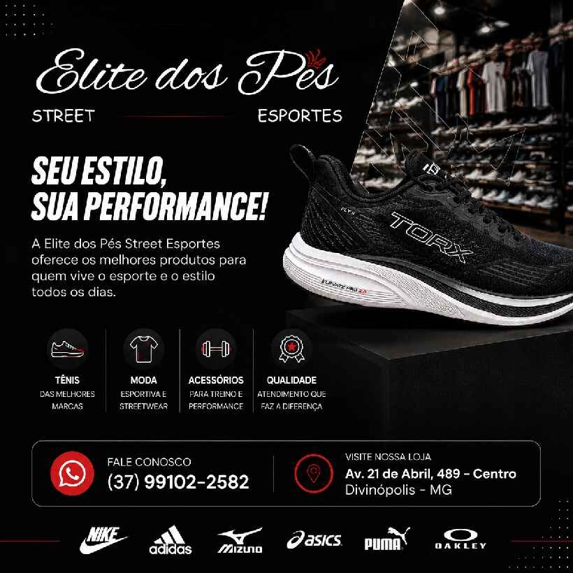 Loja de Esportes em Divinópolis com os melhores tênis, moda esportiva e lançamentos. Venha conhecer a Elite dos Pés Street Esportes!