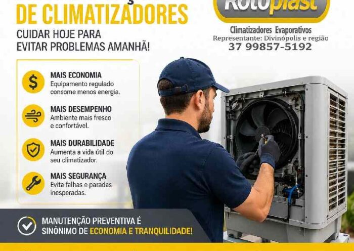 Técnico realizando manutenção de climatizador evaporativo em Divinópolis para melhorar desempenho e economia de energia.