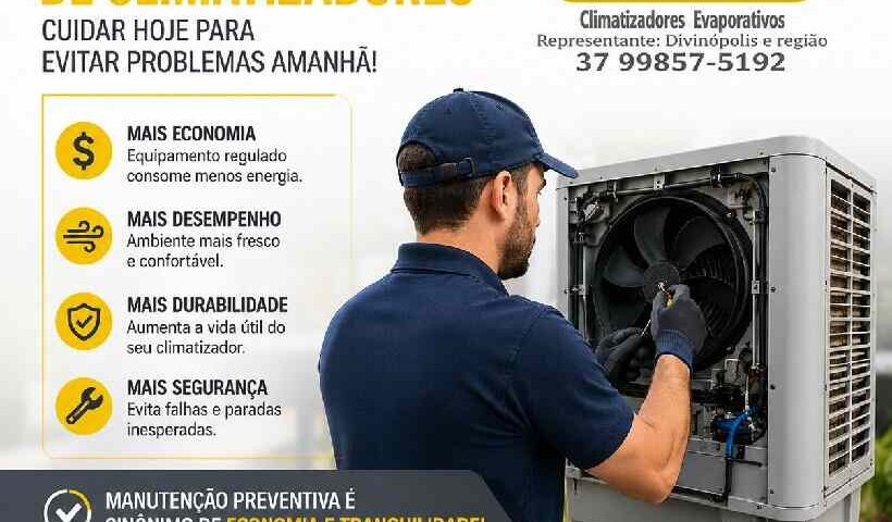 Técnico realizando manutenção de climatizador evaporativo em Divinópolis para melhorar desempenho e economia de energia.