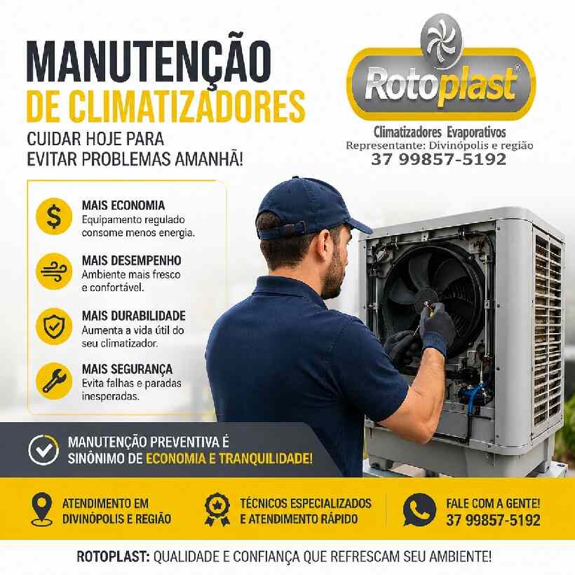 Técnico realizando manutenção de climatizador evaporativo em Divinópolis para melhorar desempenho e economia de energia.