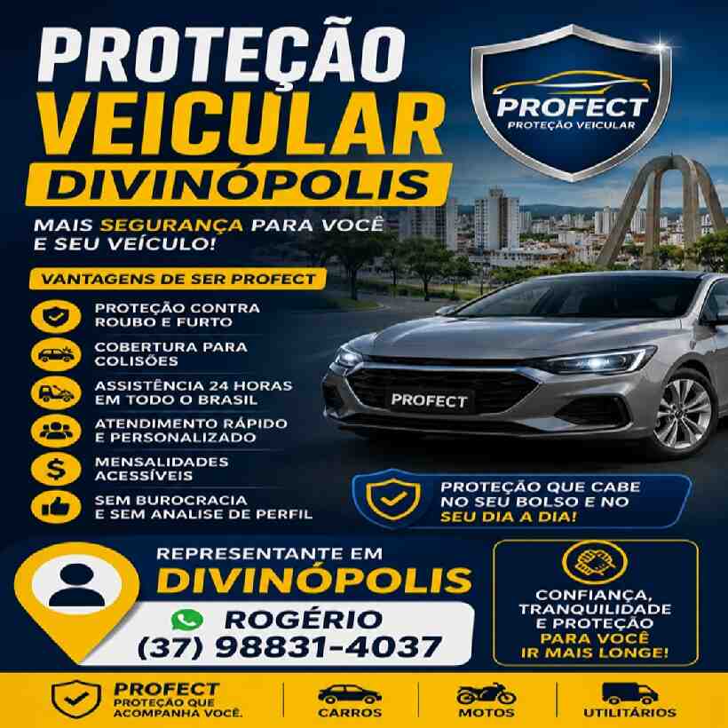 PROTEÇÃO VEICULAR DIVINÓPOLIS 🚗 Mais segurança para seu veículo ✅ Roubo e Furto ✅ Assistência 24h ✅ Excelente custo-benefício Representante em Divinópolis 📱 Rogério: (37) 98831-4037 PROFECT 🚘 Proteção que acompanha você.