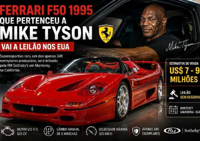 Ferrari F50 que pertenceu a Mike Tyson vai a leilão nos EUA e pode alcançar US$ 9 milhões https://rede37.com.br/wp-content/uploads/2026/07/DIBULGACAO-3-1-20.jpg