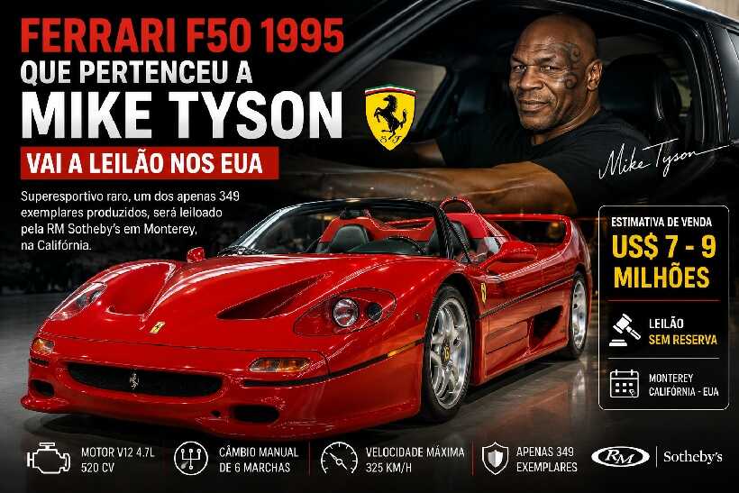 Ferrari F50 que pertenceu a Mike Tyson vai a leilão nos EUA e pode alcançar US$ 9 milhões https://rede37.com.br/wp-content/uploads/2026/07/DIBULGACAO-3-1-20.jpg