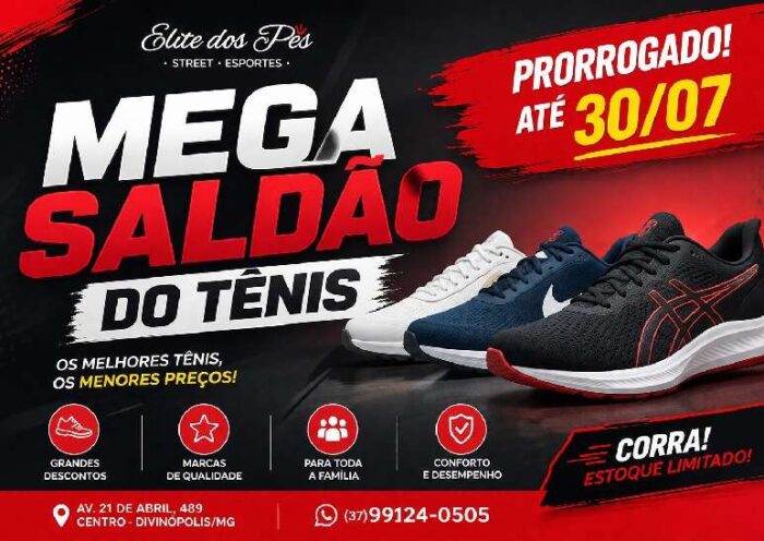 O Mega Saldão do Tênis foi prorrogado na Elite dos Pés. Aproveite descontos especiais e encontre os melhores tênis em Divinópolis antes do fim da promoção.