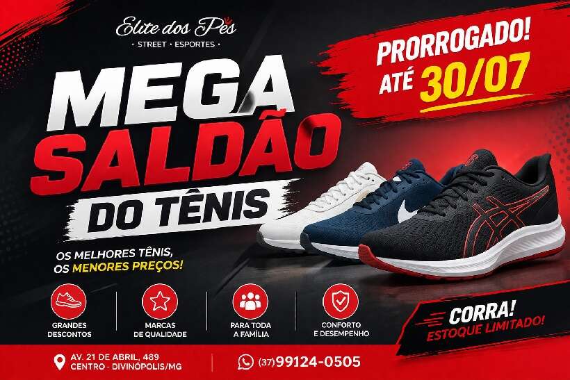 O Mega Saldão do Tênis foi prorrogado na Elite dos Pés. Aproveite descontos especiais e encontre os melhores tênis em Divinópolis antes do fim da promoção.