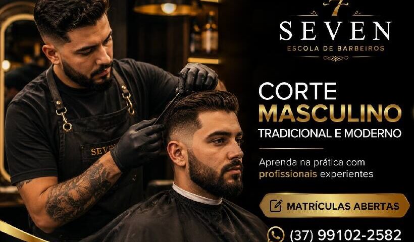 Aluno aprendendo técnicas de corte masculino tradicional e moderno na Seven Escola de Barbeiros em Divinópolis.