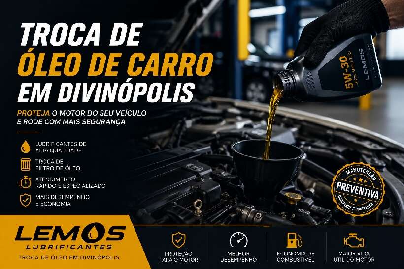 Troca de óleo de carro em Divinópolis realizada pela Lemos Lubrificantes com lubrificantes de alta qualidade e equipe especializada.