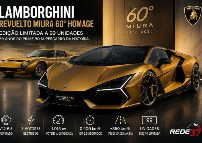 Lamborghini lança Revuelto Miura 60° Homage: edição limitada de 99 unidades celebra os 60 anos do primeiro superesportivo da história https://rede37.com.br/wp-content/uploads/2026/08/DIBULGACAO-3-1-2.jpg