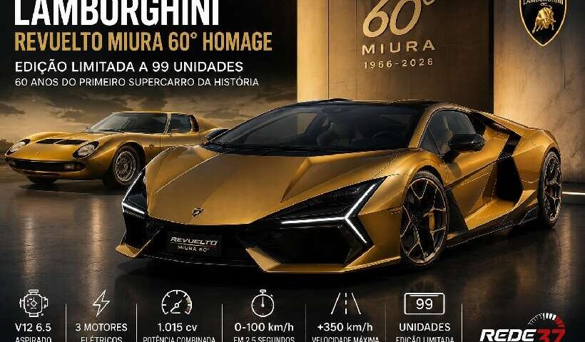 Lamborghini lança Revuelto Miura 60° Homage: edição limitada de 99 unidades celebra os 60 anos do primeiro superesportivo da história https://rede37.com.br/wp-content/uploads/2026/08/DIBULGACAO-3-1-2.jpg