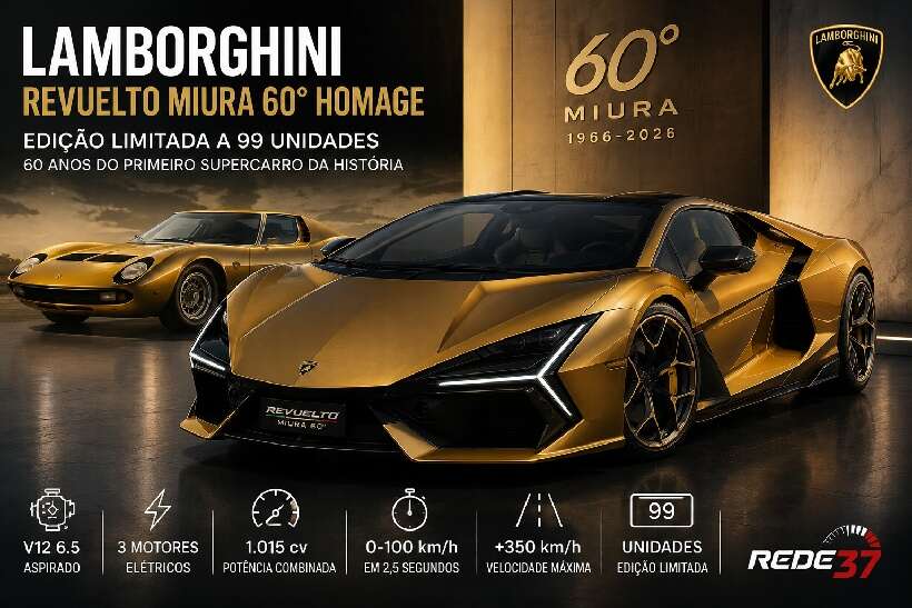 Lamborghini lança Revuelto Miura 60° Homage: edição limitada de 99 unidades celebra os 60 anos do primeiro superesportivo da história https://rede37.com.br/wp-content/uploads/2026/08/DIBULGACAO-3-1-2.jpg