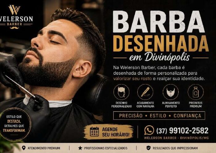 Barba desenhada em Divinópolis com acabamento profissional na Welerson Barber.
