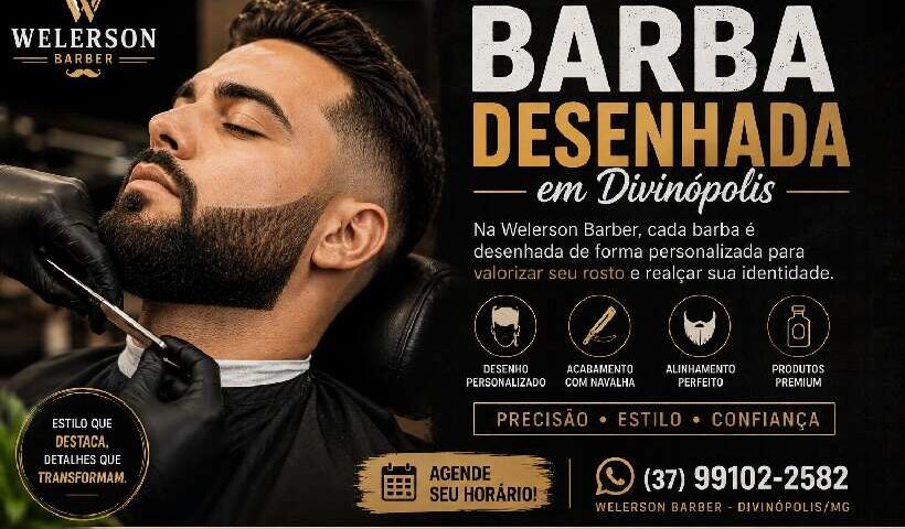 Barba desenhada em Divinópolis com acabamento profissional na Welerson Barber.