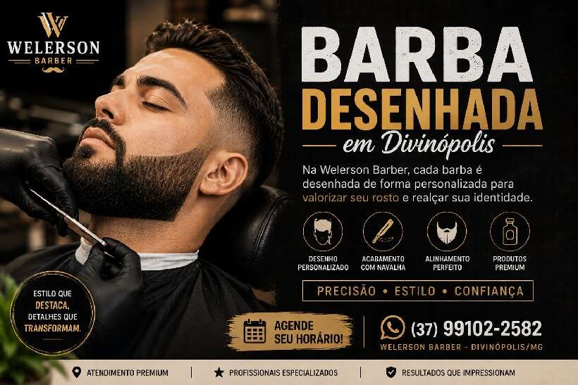 Barba desenhada em Divinópolis com acabamento profissional na Welerson Barber.