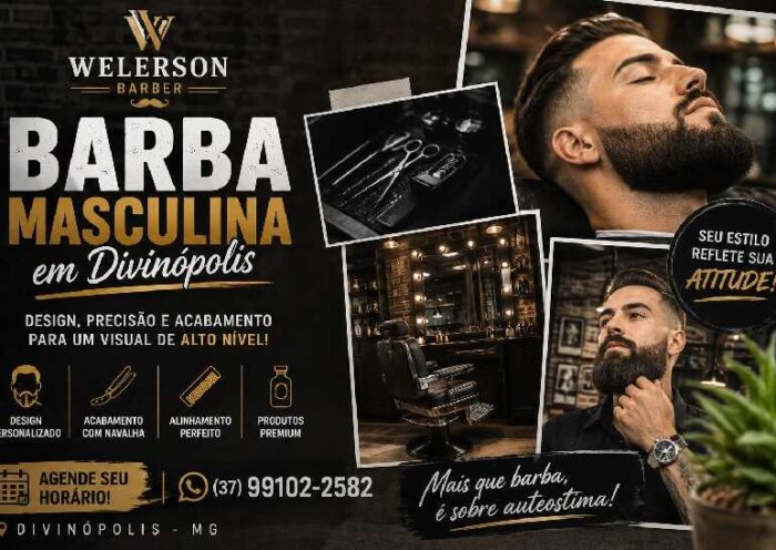 Barba masculina em Divinópolis com design e acabamento profissional na Welerson Barber
