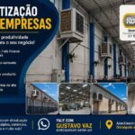 Sistema de climatização para empresas instalado em galpão industrial em Divinópolis com climatizador evaporativo Rotoplast, proporcionando conforto, economia de energia e renovação do ar.