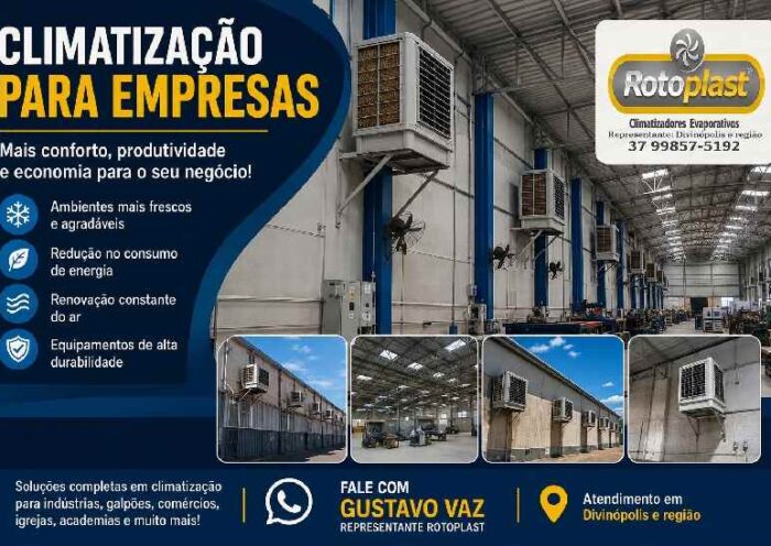 Sistema de climatização para empresas instalado em galpão industrial em Divinópolis com climatizador evaporativo Rotoplast, proporcionando conforto, economia de energia e renovação do ar.