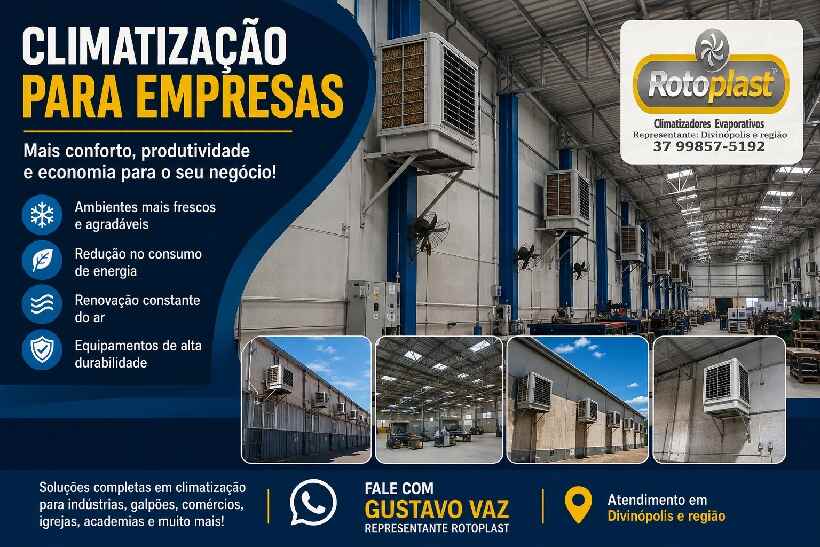 Sistema de climatização para empresas instalado em galpão industrial em Divinópolis com climatizador evaporativo Rotoplast, proporcionando conforto, economia de energia e renovação do ar.