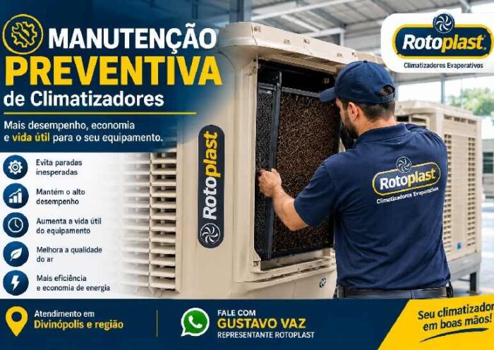 Manutenção preventiva de climatizadores evaporativos Rotoplast em empresas de Divinópolis e região.