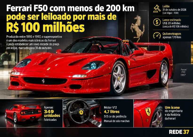 Ferrari F50 com apenas 170 km pode ser leiloado por mais de R$ 100 milhões https://rede37.com.br/wp-content/uploads/2026/10/DIBULGACAO-3-1-17.jpg