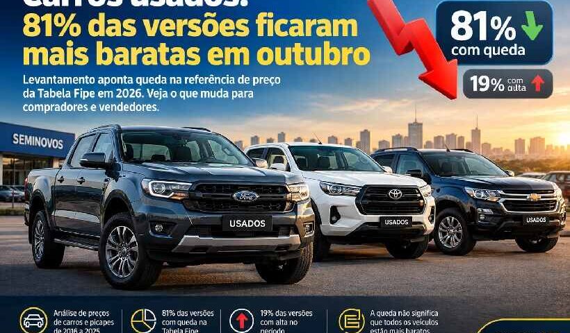 Carros usados: 81% das versões ficaram mais baratas em outubro de 2026; veja o que muda para compradores e vendedores https://rede37.com.br/wp-content/uploads/2026/10/DIBULGACAO-3-1-23.jpg