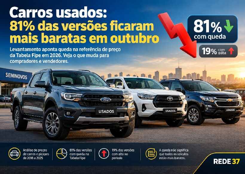 Carros usados: 81% das versões ficaram mais baratas em outubro de 2026; veja o que muda para compradores e vendedores https://rede37.com.br/wp-content/uploads/2026/10/DIBULGACAO-3-1-23.jpg