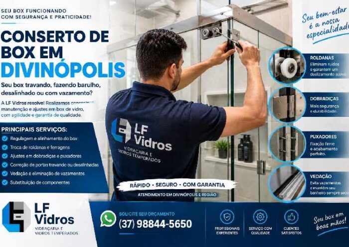Conserto de box de vidro em Divinópolis realizado pela LF Vidros