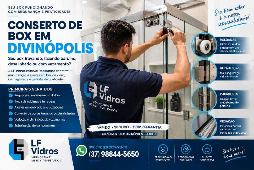 Conserto de box de vidro em Divinópolis realizado pela LF Vidros
