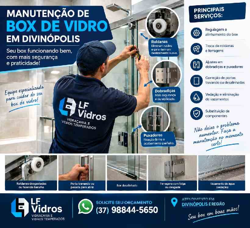 Manutenção de box de vidro em Divinópolis realizada pela LF Vidros.