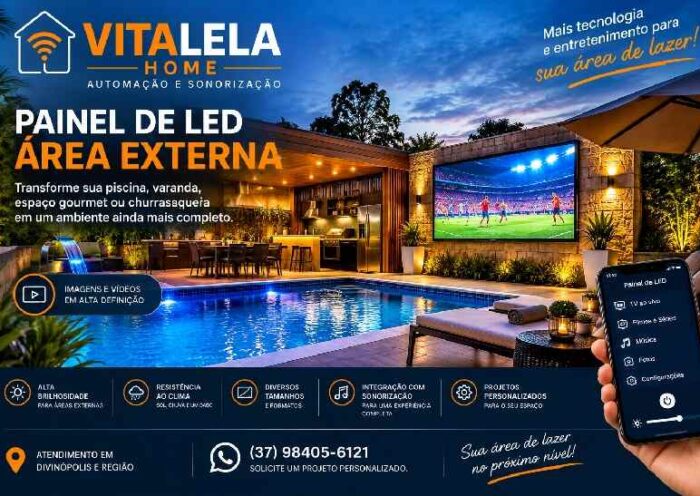 Painel de LED para área externa de lazer com piscina e espaço gourmet em projeto de tecnologia da Vitalela Home em Divinópolis.