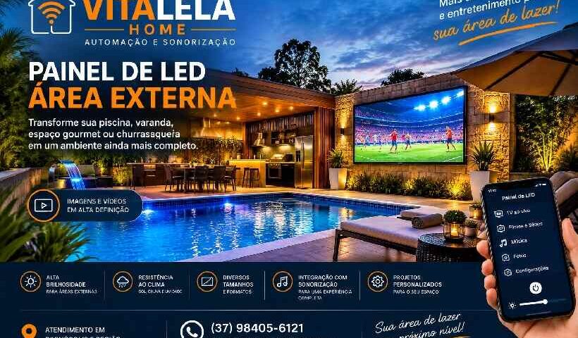 Painel de LED para área externa de lazer com piscina e espaço gourmet em projeto de tecnologia da Vitalela Home em Divinópolis.