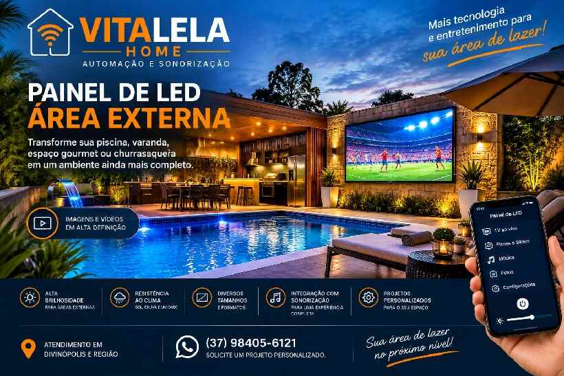 Painel de LED para área externa de lazer com piscina e espaço gourmet em projeto de tecnologia da Vitalela Home em Divinópolis.
